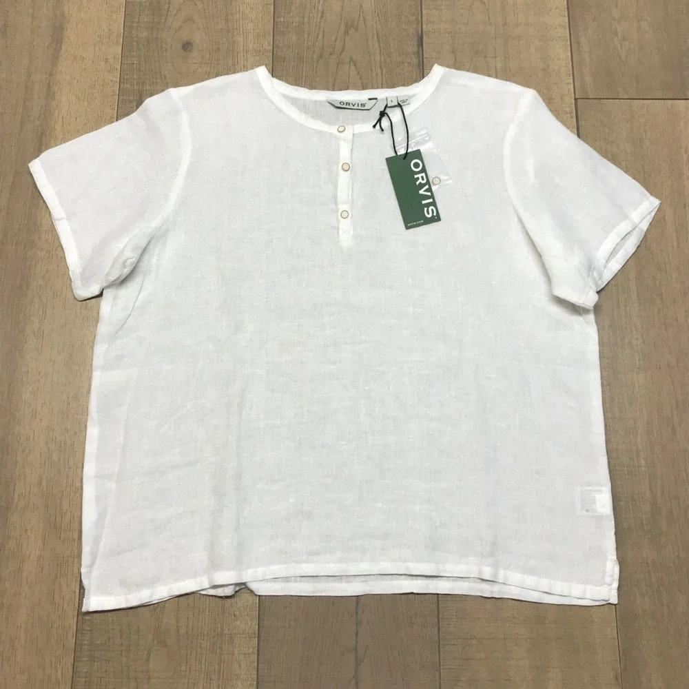 Orvis Linen Top Blouse Womens Size L White Button Up Beach Henley Lightweight - Picture 1 of 10